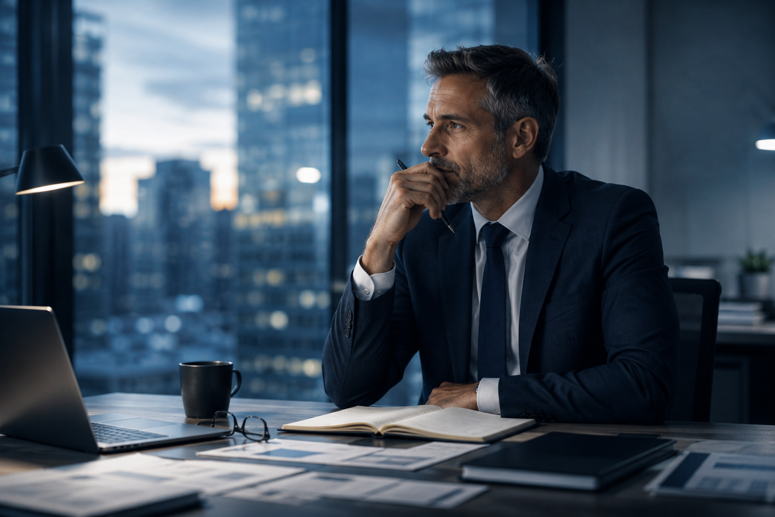Dirigeant en réflexion illustrant l’analyse psycho-comportementale CSCI et la prise de décision stratégique